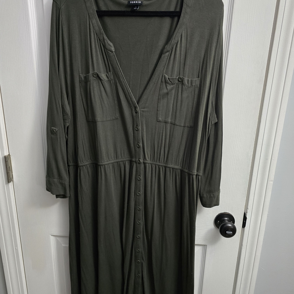 Torrid Olive Long Sleeve Button-Down Dress